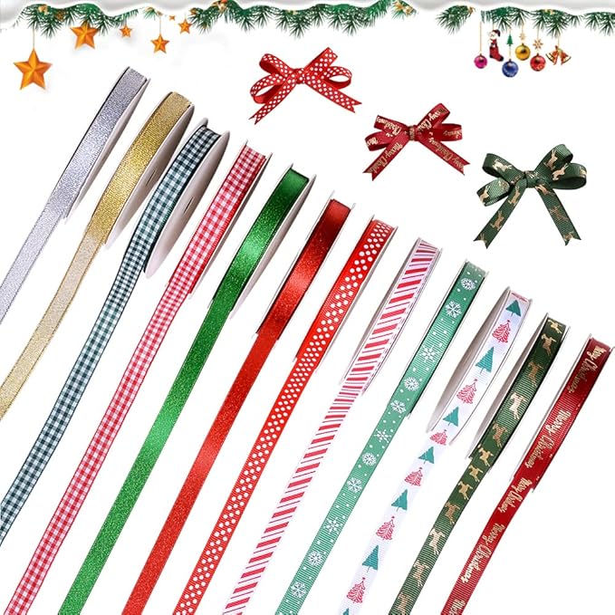 Ribest Christmas Ribbon Grosgrain Ribbon 3/8" Xmas Ribbon Set for Gift Wrapping Bows Making Crafts Holiday Décor