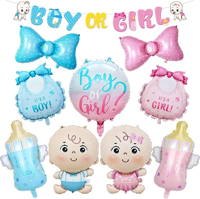 Gender Reveal Decoration Set - Includes Foil Balloon (Boy & Girl, Bibs, Bottles, Bows), 16inch Large Foil Balloon for Gender Reveal Party, Baby Shower Decor