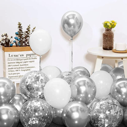 Bezente White Silver Balloon Garland Kit,100Pcs White Silver Metallic Chrome and Silver Confetti Balloons with Balloon Tape for Winter Wonderland Wedding Prom Special Events Party Winter Decor