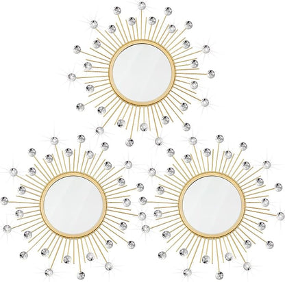 3 Pack Metal Mirrors for Wall Sunburst Wall Mirrors Home Décor Decorative Hanging Wall Art for Living Room Bedroom Entryway (Gold Crystal, Sunburst)