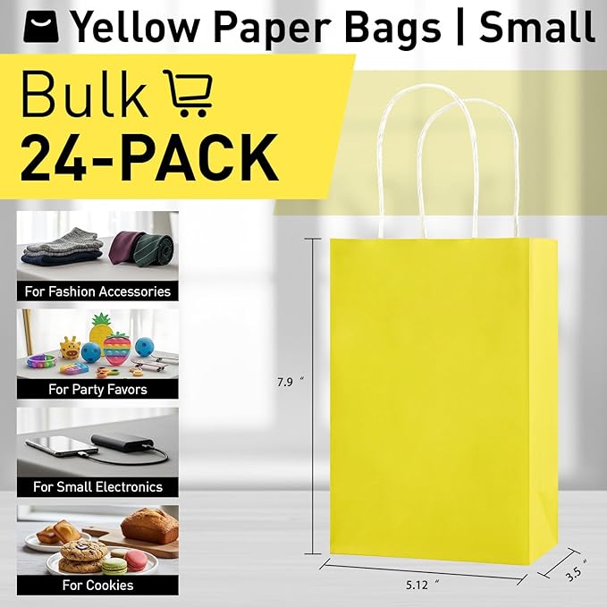 SUNCOLOR 24-Pack Yellow Gift Bags with Handles – 8" Goodie Bags for Party Favor Bags, Birthdays, Easter & Special Occasions (Yellow)