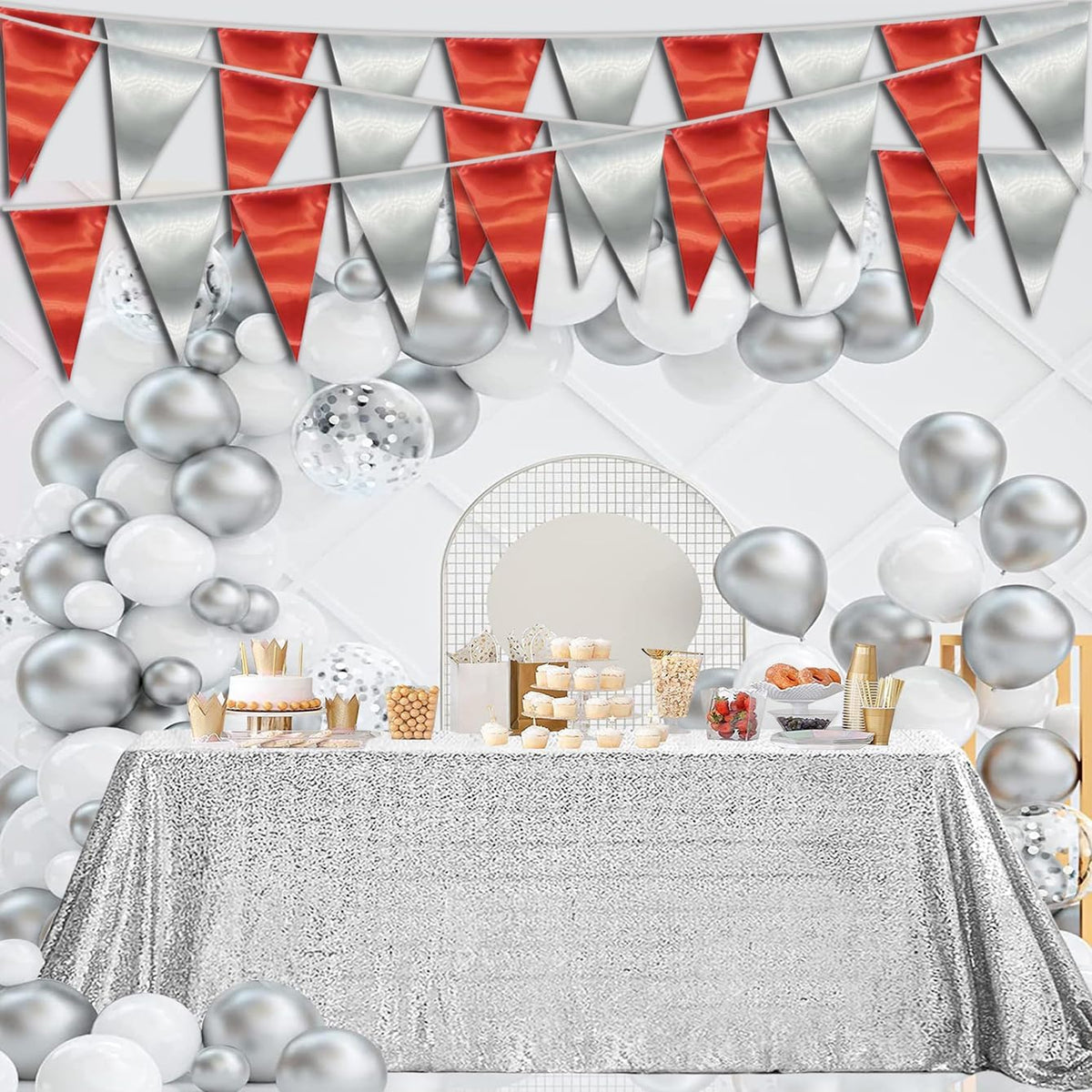 65FT Red Silver Triangle Pennant Banner Flag Metallic Fabric Bunting Garland for Christmas Graduation Wedding Engagement Anniversary Bachelorette Birthday Bridal Shower Valentines Hen Party Supplies