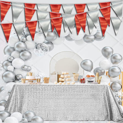 65FT Red Silver Triangle Pennant Banner Flag Metallic Fabric Bunting Garland for Christmas Graduation Wedding Engagement Anniversary Bachelorette Birthday Bridal Shower Valentines Hen Party Supplies