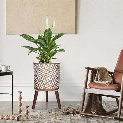 10 Inches Plant Pots with Wood Stand Large Modern Standing Planters for Indoor Mid Century Flower Pot with Drainage Holes Big White & Gold Planters for Living Room, Office, Garden or Balcony
