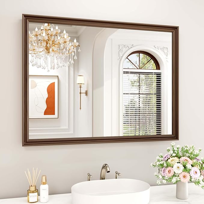 WEER Retro Copper Bathroom Mirror, 40x30 Inch Bronze Oil Rubbed Framed Mirror, Rectangle Classic Vintage Framed Wall Mirror, Farmhouse Vanity Mirror, Tempered Glass, Vertically or Horizontally
