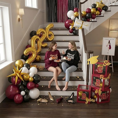 Graduation Decorations Class of 2026 - Maroon and Gold Graduation Decorations Set of 4 GRAD Balloon Boxes with Fringe Curtains So Proud of You Congrats Grad Party for Any Grades