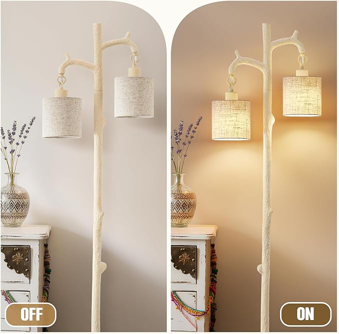 EJIAXIN Floor Lamp for Living Room - 69" Rustic Farmhouse Tree Trunk Tall Lamp with 2 Country Vintage Reading Light - Standing Tall Lamps for Bedroom Office Home Decor (Almond White, Bulb Included)
