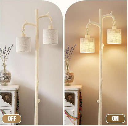 EJIAXIN Floor Lamp for Living Room - 69" Rustic Farmhouse Tree Trunk Tall Lamp with 2 Country Vintage Reading Light - Standing Tall Lamps for Bedroom Office Home Decor (Almond White, Bulb Included)