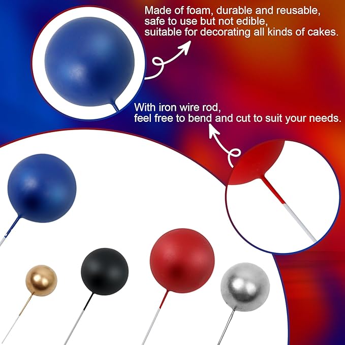 115 PCS Ball Cake Toppers - Mini Balloon Cake Decorations Foam Ball Cupcake Picks DIY Cake Insert Toppers for Birthday Party Wedding Baby Shower (Blue,Red,Black,Silver)