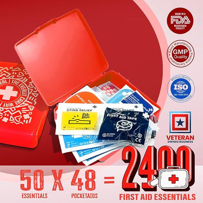 EVERLIT Pocket-Aid Mini First Aid Kit | Compact, Portable Hard-Shell Cases of 50 Items | Cuts, Scrapes, Wound Care Essentials for Travel, Outdoor, School, Camping, Home, Office (48 Packs | 2400 Pcs)