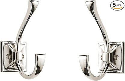 Large Wall Hooks 5 Pack - Polished Nickel Coat Hardware for Hanging Coats - 4.35 Inch Double Robe Hook Wall Mounted With Screws for Key, Towel, Bags, Cup, Hat