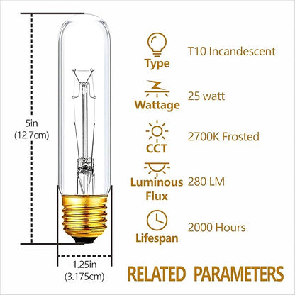 25 Watt T10 Clear Tubular Incandescent Light Bulb, T10 Bulb, Vintage Style
