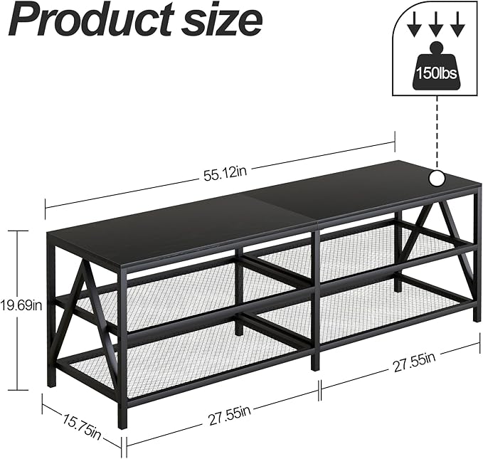 TV Stand for TVs up to 65 Inch, 55" Long Industrial TV Console Table with 3-Tier Storage Shelves, Entertainment Center for Living Room, Bedroom (Black)