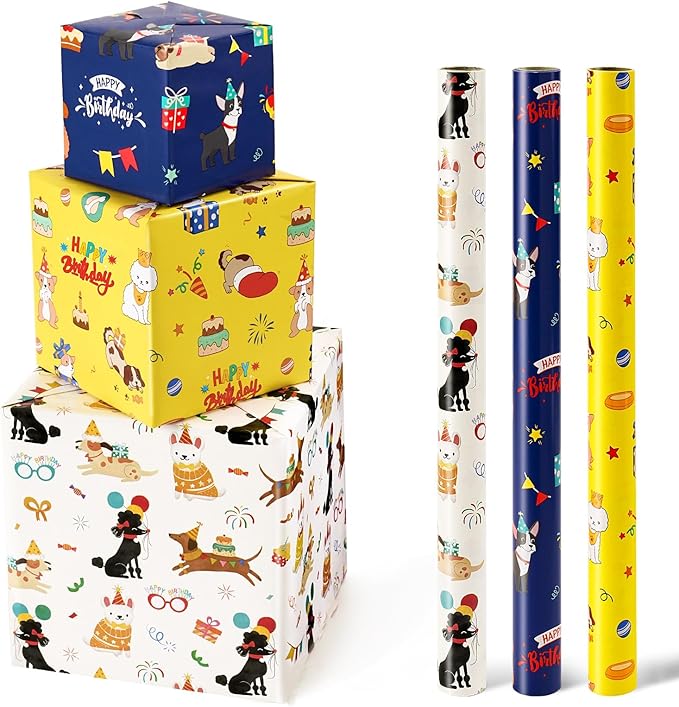 WERNNSAI Dog Wrapping Paper Rolls - 3 Rolls 17" x 120" Doggy Boys Wrapping Paper Rolls Puppy Gift Wrap Paper Kids Birthday Gift Packign Holiday Supply Short Roll Mini Roll with Cutting Line