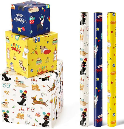 WERNNSAI Dog Wrapping Paper Rolls - 3 Rolls 17" x 120" Doggy Boys Wrapping Paper Rolls Puppy Gift Wrap Paper Kids Birthday Gift Packign Holiday Supply Short Roll Mini Roll with Cutting Line