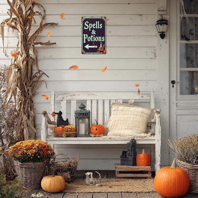 Spells & Potions Metal Tin Sign Vintage Halloween Decor Wall Hanging Wall Art Rustic Bathroom Kitchen Entryway Home Halloween Decorative Sign 8x12 Inch