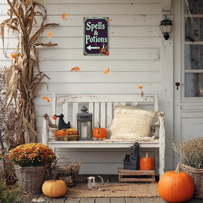 Spells & Potions Metal Tin Sign Vintage Halloween Decor Wall Hanging Wall Art Rustic Bathroom Kitchen Entryway Home Halloween Decorative Sign 8x12 Inch