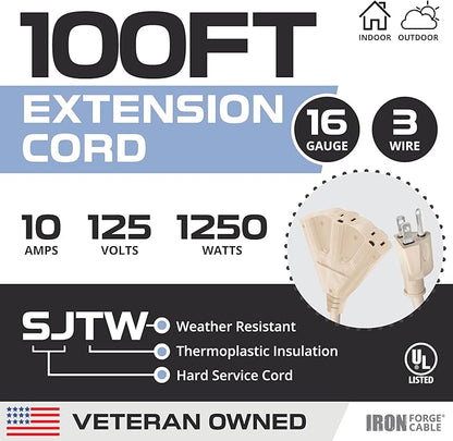 Iron Forge Cable Weatherproof 100 Ft Outdoor Extension Cord - 3 Outlet 16/3 SJTW Heavy Duty Light Brown Extension Cord 100ft 3 Prong - 10 Amp Power Cable