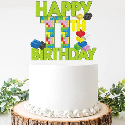 Happy 11th Birthday Building Block Cake Topper - Puzzle Games Boy's 11th Birthday Party Green Cake Topper Supplies - Building Block Party Decoration For Boy