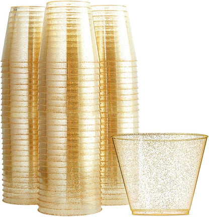 WDF 200pcs 9OZ Gold Cups,Disposable Premium Wedding Gold Glitter Plastic Cups for Thanksgiving Party