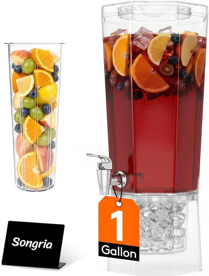 Lifewit 1 Gallon Drink Dispenser for Parties, Plastic Beverage Container for Juice/Tea/Soda with Stand & Ice Core, Clear Lemonade Dispenser with Spigot, BPA Free Water Pitcher with Spout for Fridge