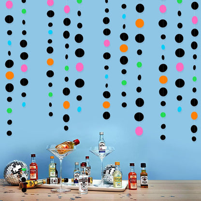 Black and Colorful Circle Dots Hanging Paper Streamer Black Multi-Color Polka Dot Banner for Birthday Bachelorette Wedding Baby Shower Fiesta Disco Halloween Party Decorations Supplies