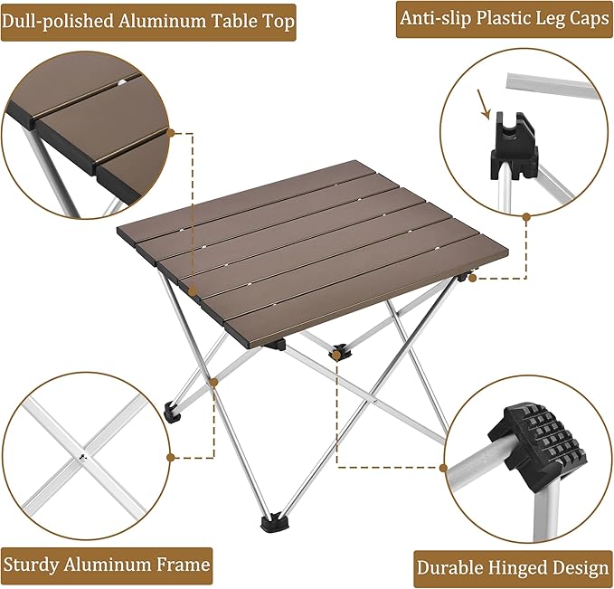 Grope Small Folding Camping Table with Aluminum Table Top, Beach Table for Sand with Carrying Bag,Prefect for Outdoor, Picnic, BBQ, Cooking, Festival (Coffee-L)