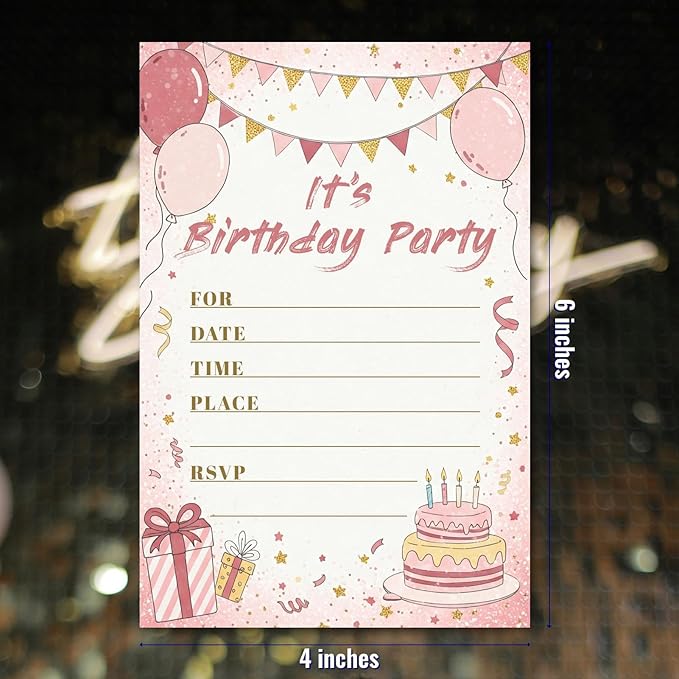 Sweet Birthday Invitations for Girl Teens Kids, 25 Pcs 4x6 Pink Gold Party Card Kit with Balloons, Bunting, Presents & Cakes - Sweet Colorful Childlike