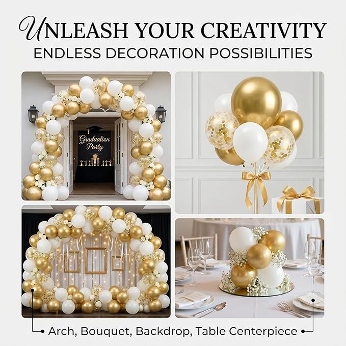 60pcs White and Metallic Gold Balloons, 12 Inch Chrome Gold, White & Gold Confetti Latex Balloon Kit for Graduation 2026, Wedding & Birthday Party Decorations (with Ribbons & Glues)