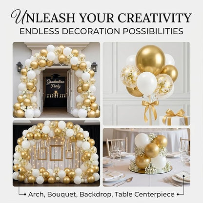 60pcs White and Metallic Gold Balloons, 12 Inch Chrome Gold, White & Gold Confetti Latex Balloon Kit for Graduation 2026, Wedding & Birthday Party Decorations (with Ribbons & Glues)