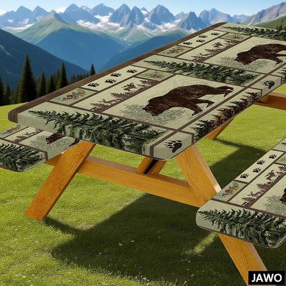 Picnic Table Cover with Bench Covers Rustic Bear Pattern Waterproof Windproof Fitted Outdoor Patio Camping Rectangle Tablecloth 60x30 Inch Elastic Edges