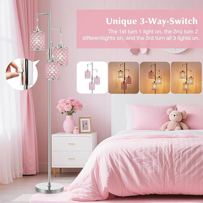 GyroVu Pink Crystal Floor Lamp, 3-Light Standing Tall Lamp with Sparkling K9 Crystal Shade, Rotary Switch, Easy Assemble Lamps for Living Room, Bedroom, Home Office, Girls Room