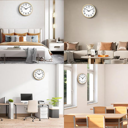 Wall Clock, 11 Inch Large Dial Non-Ticking Silent Battery Operated Quality Analog, Ultra-Quiet Movement Quartz, Timeless Stylish Clock, Ideal Modern Home, Office Décor (Gold)