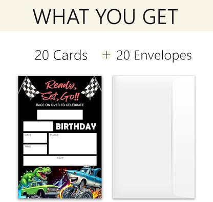 Race Car Birthday Party Invitations – Ready, Set, Go! – 20 Invitation Cards 4"x6" with Envelopes for Fun-Filled Birthday Celebrations.(013)