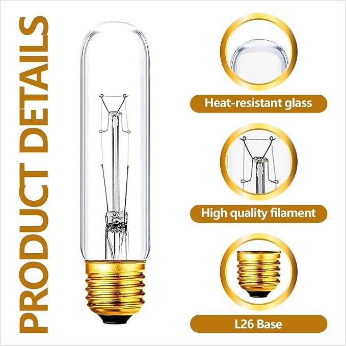 25 Watt T10 Clear Tubular Incandescent Light Bulb, T10 Bulb, Vintage Style