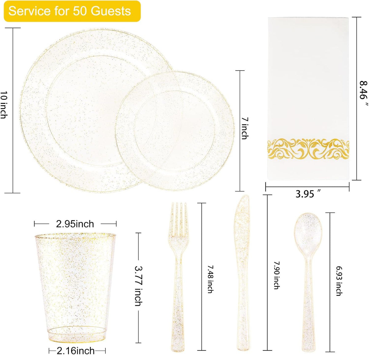 I00000 700 Pcs Gold Glitter Plastic Dinnerware Sets, Disposable Plates for Party, Include: 100 Dinner Plate,100 Dessert Plate,100 Paper Napkins, 100 Cups,100 Plastic Silverware Set