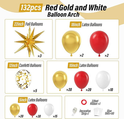 132pcs Red and Gold Balloon Arch Kit, Red and Gold Balloons with 22inch Foil Balloons Gold Confetti White Latex Balloons for Wedding Valentine's Day Engagement Anniversary Birthday Party Decorations