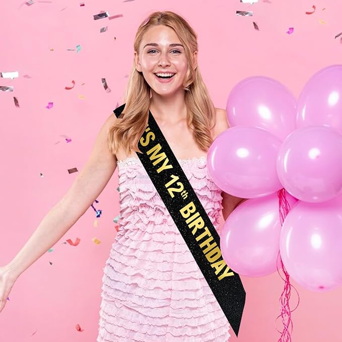 It's My 12th Birthday Sash for Boys Girls, Black Glitter Sash with Gold Foil