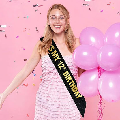 It's My 12th Birthday Sash for Boys Girls, Black Glitter Sash with Gold Foil