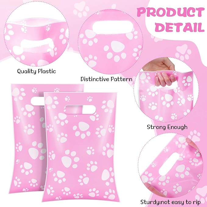 Pasimy 100 Pcs Dog Paw Gift Bags Bulk Pet Paw Puppy Plastic Treat Favor Candy Goodie Bags with Handle for Dog Birthday Party Decoration Supplies(Pink,White)
