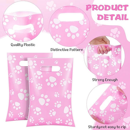 Pasimy 100 Pcs Dog Paw Gift Bags Bulk Pet Paw Puppy Plastic Treat Favor Candy Goodie Bags with Handle for Dog Birthday Party Decoration Supplies(Pink,White)