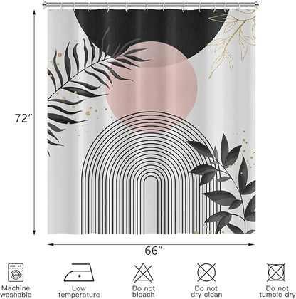 Boho Mid Century Shower Curtain, Black Pink Modern Minimalist Abstract Geometric Gold Plant Leaves Sun Arch Bathroom Curtains Waterproof Fabric Buthtub Curtain Set with Hooks 66" Wx72 L