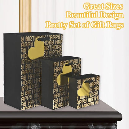 suosicn 6 Pack Black Birthday Gift Bags with Handles and 8 Pcs Tissue Paper, Assorted Sizes Metallic Letters Gift Bags for Birthday,Anniversary and Any Occasions