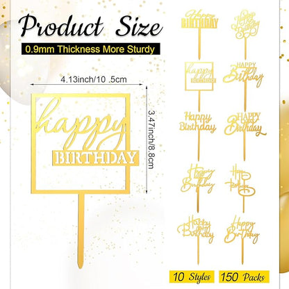 150 Pcs Happy Birthday Cake Toppers Acrylic Cake Topper Glitter Birthday Cake Decorations Double Sided for Adults Various Cake Decoration Party Supplies(Gold,Brief)