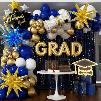Royal Blue and Gold Graduation Balloons Garland Arch Kit 153Pcs, Graduation Decorations 2026 with Grad Cap, Certificate & Star Foil Balloons for Class of 2026 College High School Prom Supplies