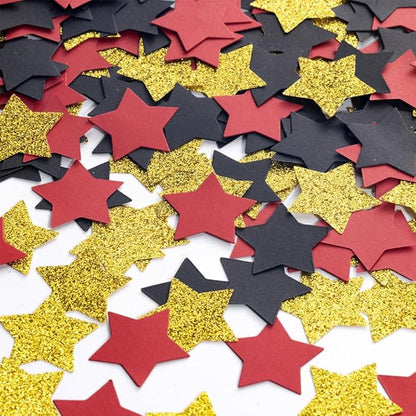 MOWO Gold Black and Red Star Confetti Table Decoration for Birthday Graduation Retirement Theme Party,1.2 inch in Diameter,200 Counts