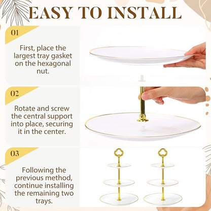 Willinglong 10 Pack Cake Stand Set Cake Stand with Gold Rim, 4 Three-tier Cupcake Stands, 4 Serving Trays, and 2 Tongs for Dessert Table Display, Elegant Plastic Pastry Tower for Weddings Showers