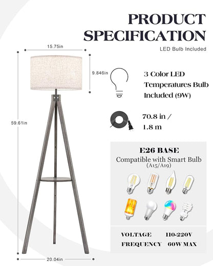 ELYONA Farmhouse Wood Tripod Floor Lamp with Table, Modern Reading Standing Lamp with 3 Color Temperatures LED Blub & Linen Shade, Shlef Coner Light for Living Room, Bedroom, Study Room, Office, Grey
