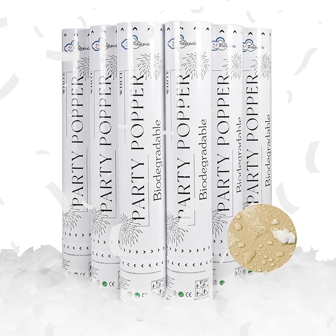 White Confetti Poppers,Rice Paper For Wedding,Biodegradable Cannon,6Pack Biodegradable Confetti Party Shooters Air Power, Party For Lawns Wedding,Birthday,Outdoor Celebrations