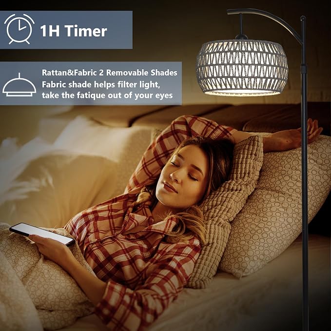 Arc Floor Lamp for Bedroom, Boho Standing Lamp with Remote & LED Smart Bulb, Rattan Floor Lamps for Living Room with 3 Color Temperatures, Height Adjustable Corner Tall Lamp, Stand up Light for Office